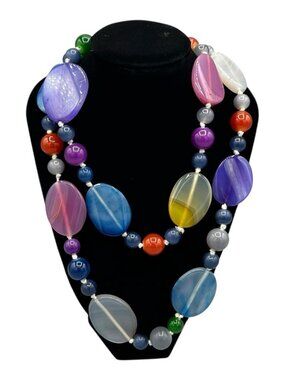 Vintage Chunky Multicolor Hand Knotted Beaded Necklace Boho Statement